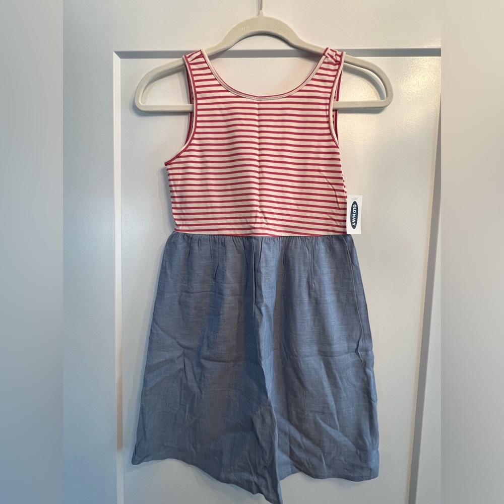 Old Navy girls dress - pinkish red striped with blue bottom.